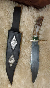 Elkhorn Damascus Bowie Knife with Snakeskin Inlay Sheath